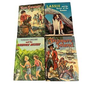 Vintage 1955 Treasure Island, Lassie, Tom Sawyer, Tricie Belsen Book Lot of 4